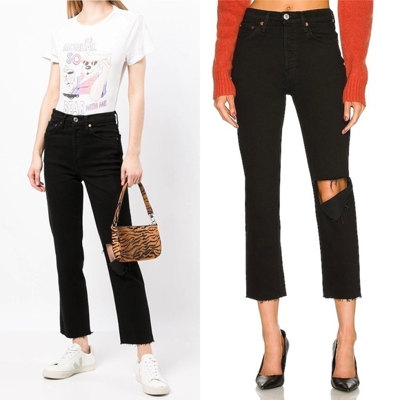 NWT RE/DONE 70s High Rise Rip Knee Raw Hem Ankle Crop Stovepipe Straight Jean 26 - Picture 2 of 13